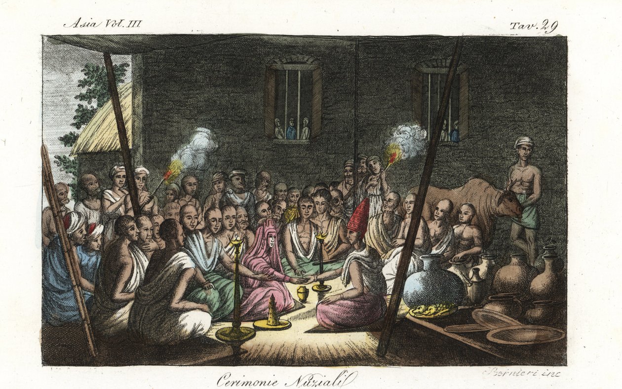 Hindu brahmin házassági szertartás vagy Bibaha a feleség házában. Kézzel színezett réztábla, amelyet Andrea Bernieri rajzolt és metszett Francois Solvyns nyomán Giulio Ferrario A világ összes népének ősi és modern viseletei című művéből, Firenze, Olaszorsz alkotó: Andrea Bernieri