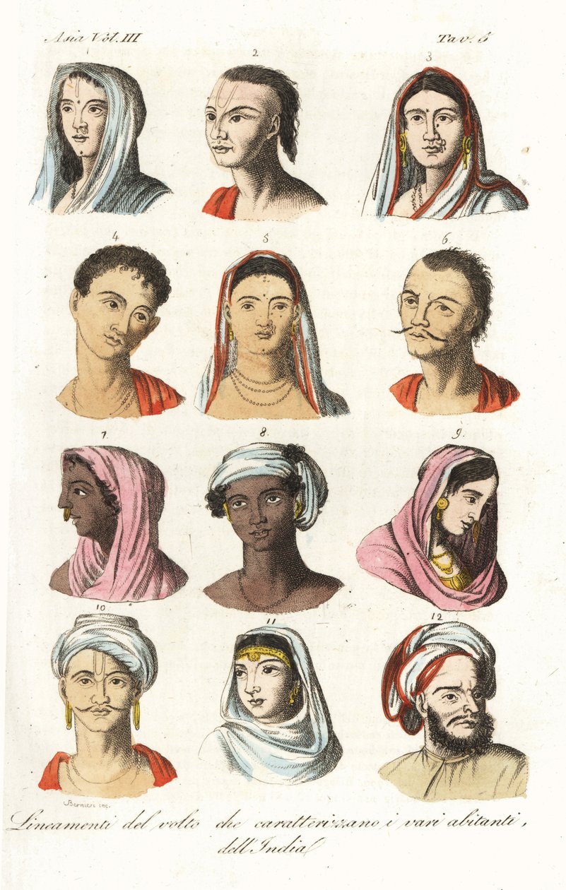 Különböző indiai kasztok portréi: brahminok 1,2, kshatriyas vagy hatri, pandzsábi kereskedő kaszt 3,4, vaisyas 5,6, szudrák 7,8, felső-indiai hinduk 9,10 és mogulok 11,12. Andrea Bernieri kézi színű rézmetszete François Solvyns után alkotó: Andrea Bernieri