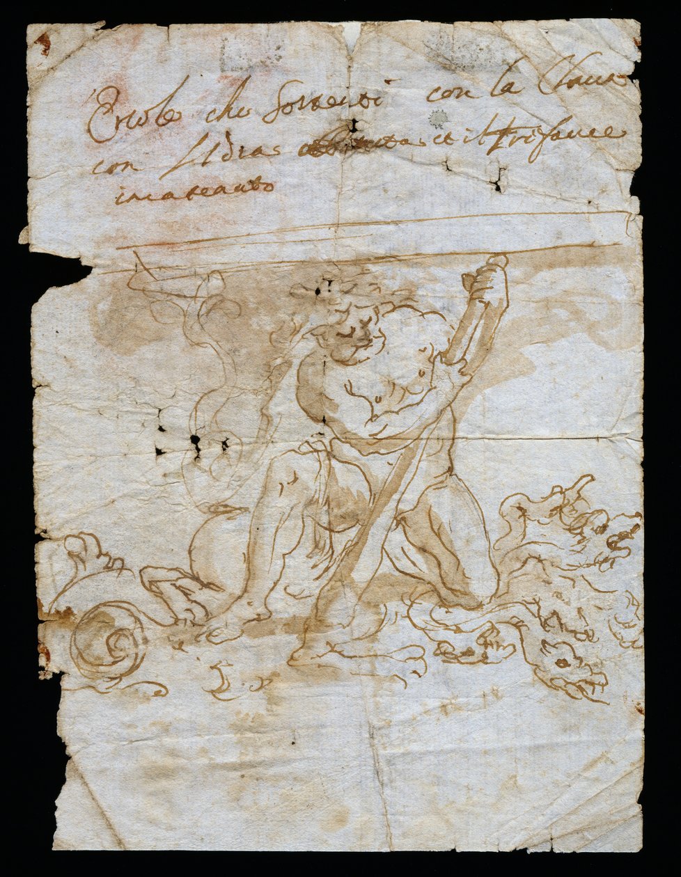 Tervezési vázlat a vasestandhoz, Herkulest ábrázoló talp a Hidrával és Cerberusszal, Andrea Brustolon (1662-1732), akvarell toll fehér papírra, Olaszország alkotó: Andrea Brustolon