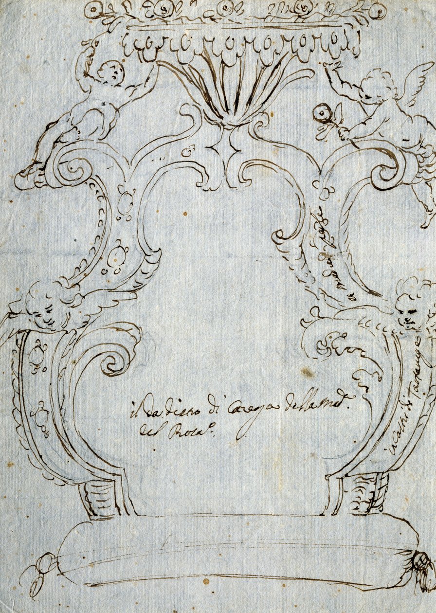 Vázlat széktámlához, 1715 körül, Andrea Brustolon (1662-1732), ceruza és toll fehér papírra, Olaszország alkotó: Andrea Brustolon
