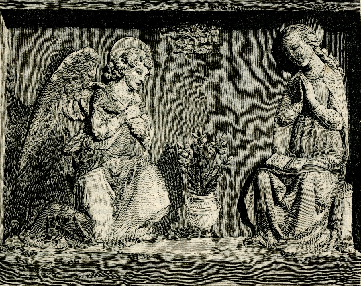 Angyali üdvözlet, Andrea Della Robbia (1435-1525 vagy 1528), a Madonna del Buon Consiglio oratóriuma, Prato, Toszkána, Olaszország, fametszet a Le cento citta d