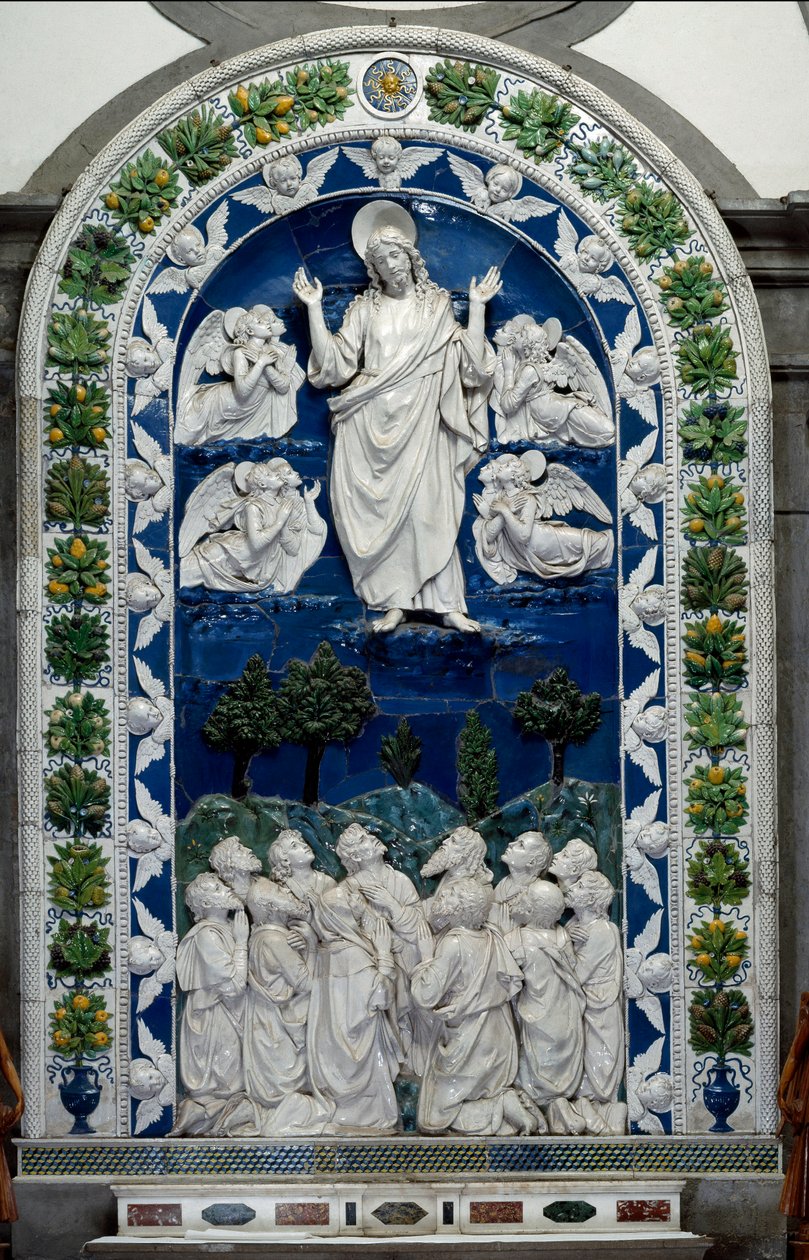Jézus mennybemenetele a Szűzanya és a Tizenegy Apolos kiskerámia domborműve, Andrea della Robbia (1435-1525) 1490 körül Dim. 475 x 305 cm Santuario della Verna, Olaszország alkotó: Andrea Della Robbia