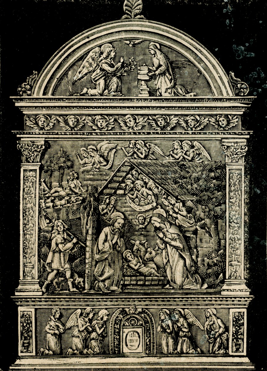 Betlehem, Andrea della Robbia terrakotta oltárképe, a Szent Klára templomból, Sansepolcro Polgári Múzeumból, Toszkána, Olaszország, fametszet a Le cento citta d