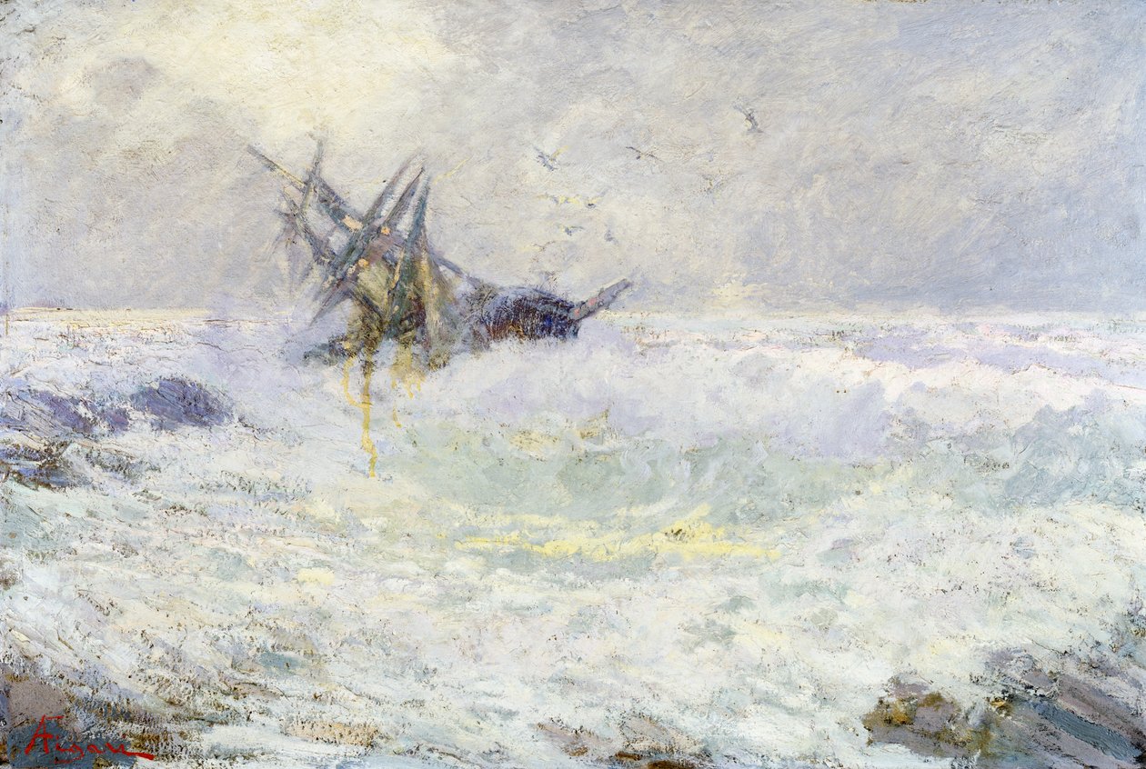 Viharos tenger avagy Utolsó csók, Figari Andrea (1858-1954), olaj, karton, 72x105 cm. Olaszország alkotó: Andrea Figari