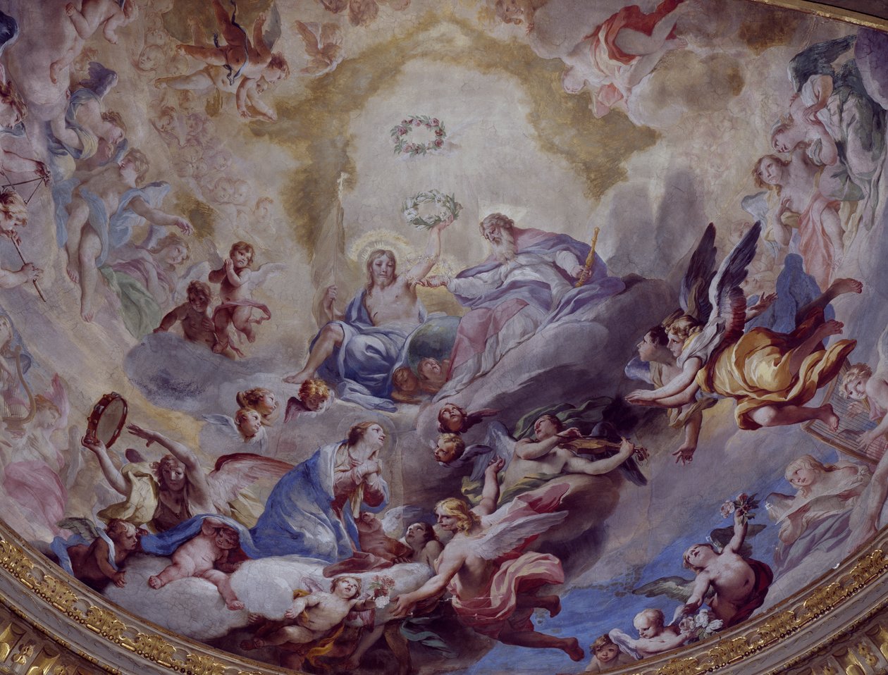Szűz koronázása, Andrea Lanzani (1641-1712) által 1699-ben festett freskó a lodi Sanctuary Of Incoronata kórusából. Olaszország alkotó: Andrea Lanzani