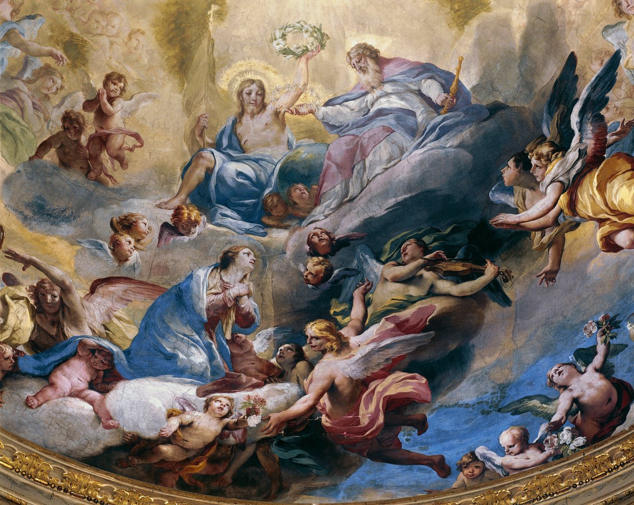 Szűz koronázása, Andrea Lanzani (1641-1712) 1699-ben festett freskója a lodi Sanctuary Of Incoronata kórusában. Olaszország alkotó: Andrea Lanzani