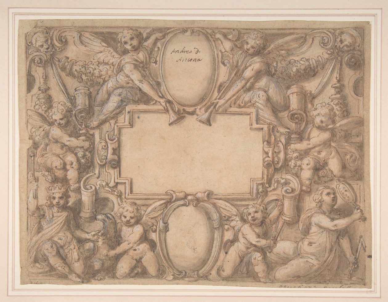 Egy kartotus és két pajzs allegorikus alakokkal körülvéve., 1570-1631. alkotó: Andrea Lilli