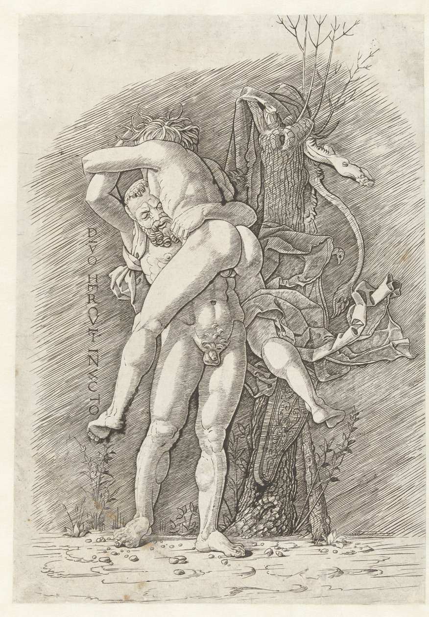 Herkules és Antaeus A legyőzhetetlen Herkules isten (cím a tárgyon) alkotó: Andrea Mantegna (school of)