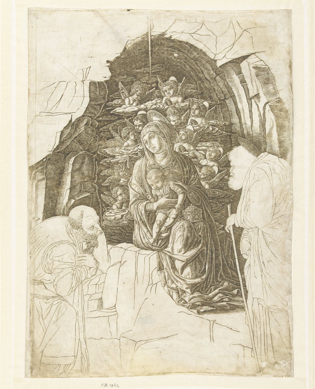 Mária gyermekével, körülötte angyalok a barlangban, Józseffel és a király imádatában alkotó: Andrea Mantegna (school of)