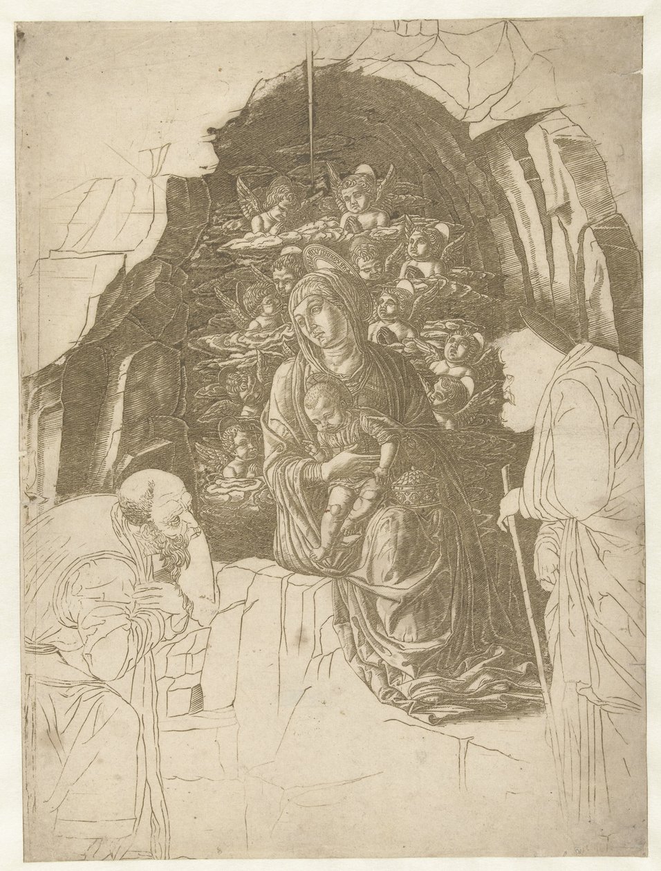 Mária gyermekével, körülötte angyalok a barlangban, Józseffel és a király imádatában alkotó: Andrea Mantegna (school of)