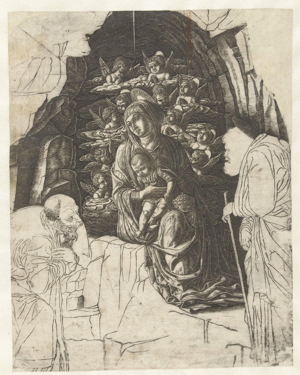 Mária gyermekével, körülötte angyalok a barlangban, Józseffel és a király imádatában alkotó: Andrea Mantegna (school of)