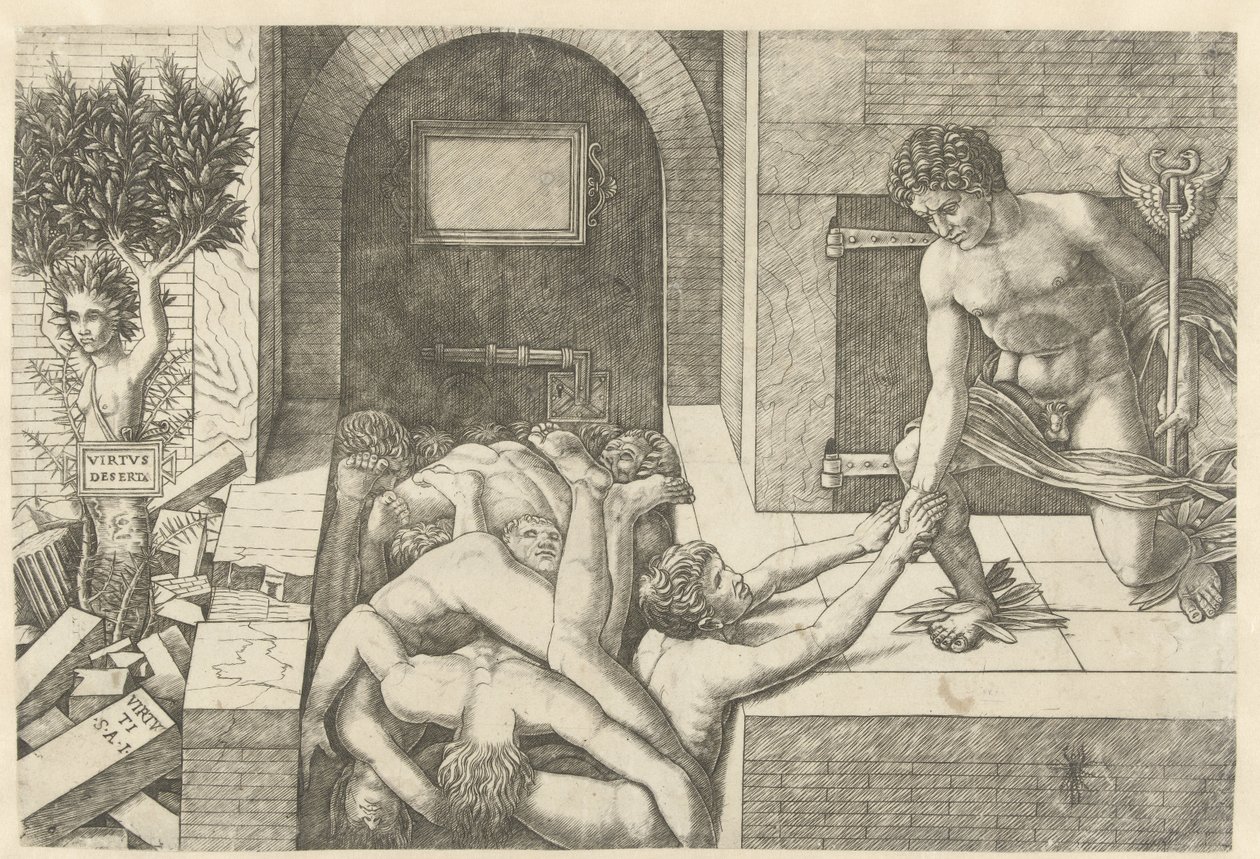 A Merkúr, mint az erény megszemélyesítője, megmenti a lelkeket Limbóban, Daphne pedig fává változik Virtus Deserta (cím az objektumon) alkotó: Andrea Mantegna (school of)