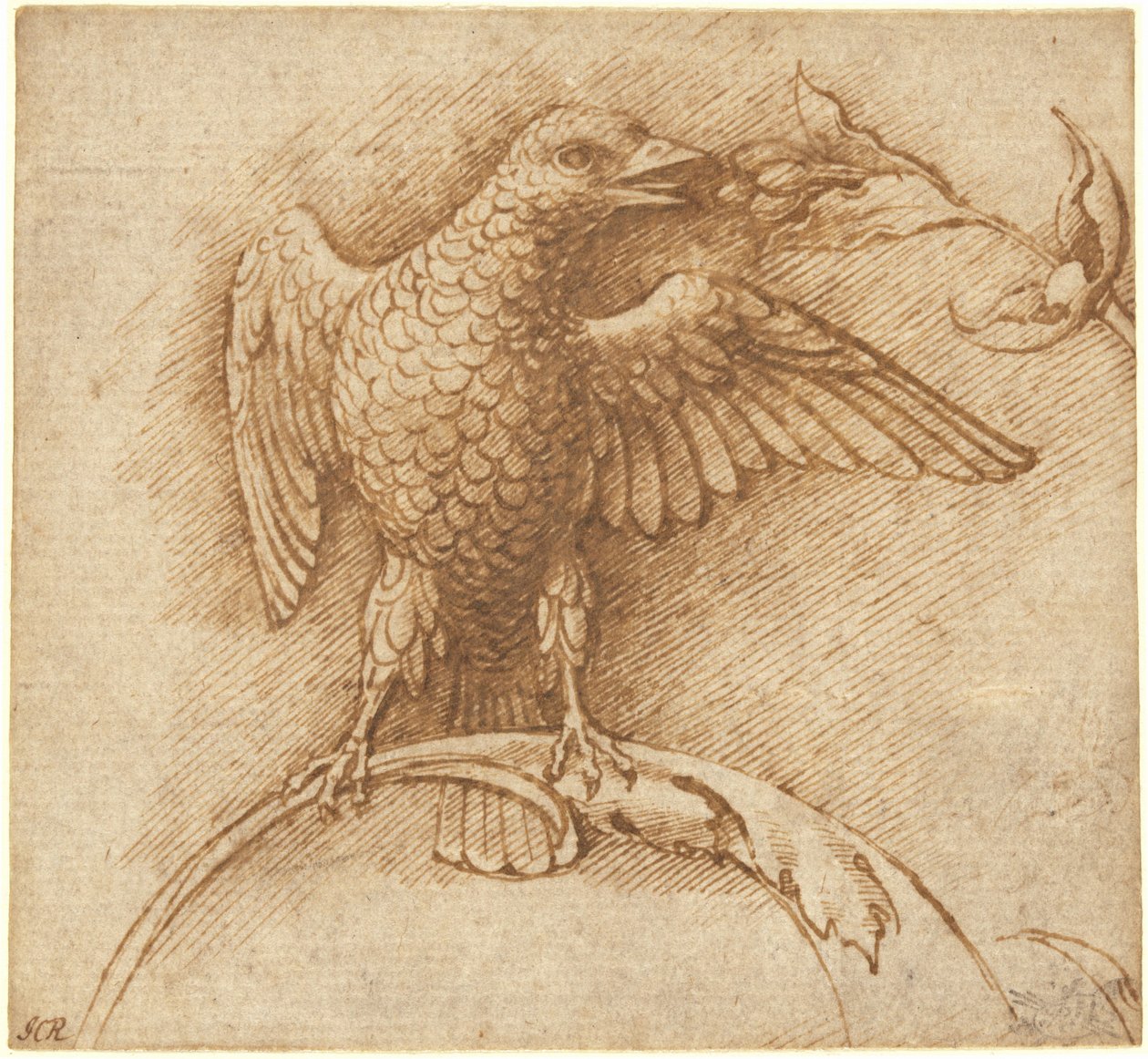 Egy madár ült egy ágon, gyümölcs alkotó: Andrea Mantegna