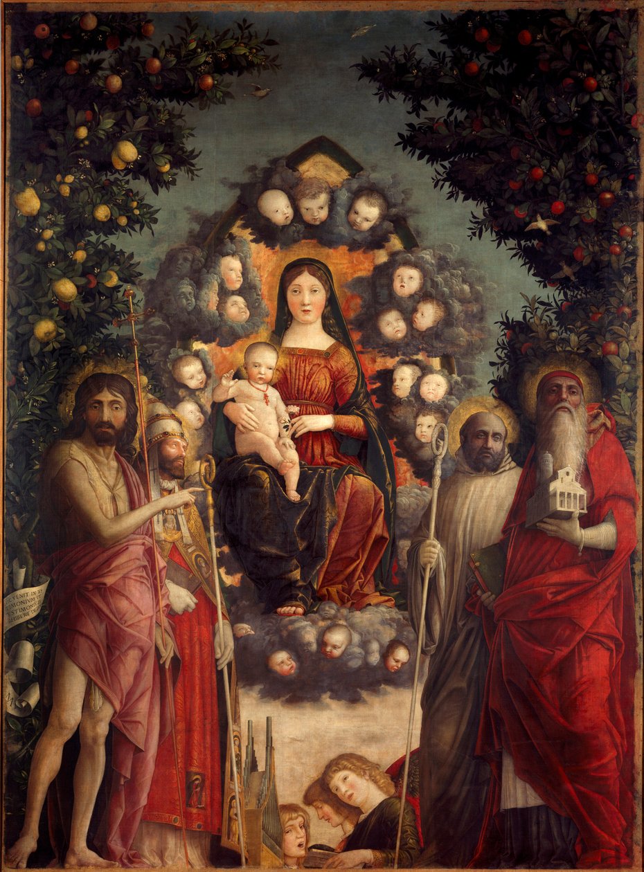 Trivulzio oltárkép „A szent beszélgetés” A Szűz és Jézus Krisztus egy mandorlában ábrázolva. Keresztelő Szent János, I. Nagy Szent Gergely pápa (540-604), Szent Jeromos (templomot és könyveket hordozó), Szent Benedek (dre) veszik körül őket. alkotó: Andrea Mantegna