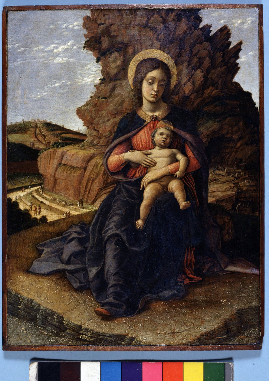 Andrea Mantegna, A „kőbányák szűze”: Szűz és gyermek, a háttérben kőbányák munkásokkal, Uffizi Galéria, Firenze alkotó: Andrea Mantegna