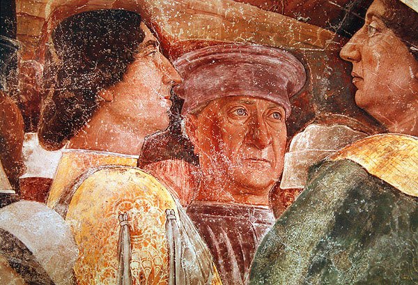 Francesco Gonzaga bíboros érkezése, Mantegna részlete és az udvaroncok a jobb oldalon, 1465-74 körül (78454 részlet) alkotó: Andrea Mantegna