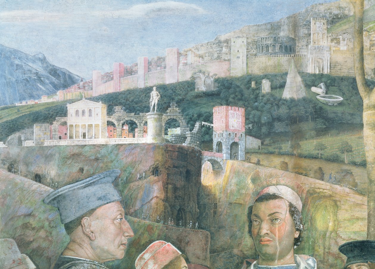 Francesco Gonzaga bíboros érkezése; a háttér részlete, amely Róma idealizált képét mutatja, a Camera degli Sposi vagy a Camera Picta, 1465-74 freskó részlete 78449 alkotó: Andrea Mantegna