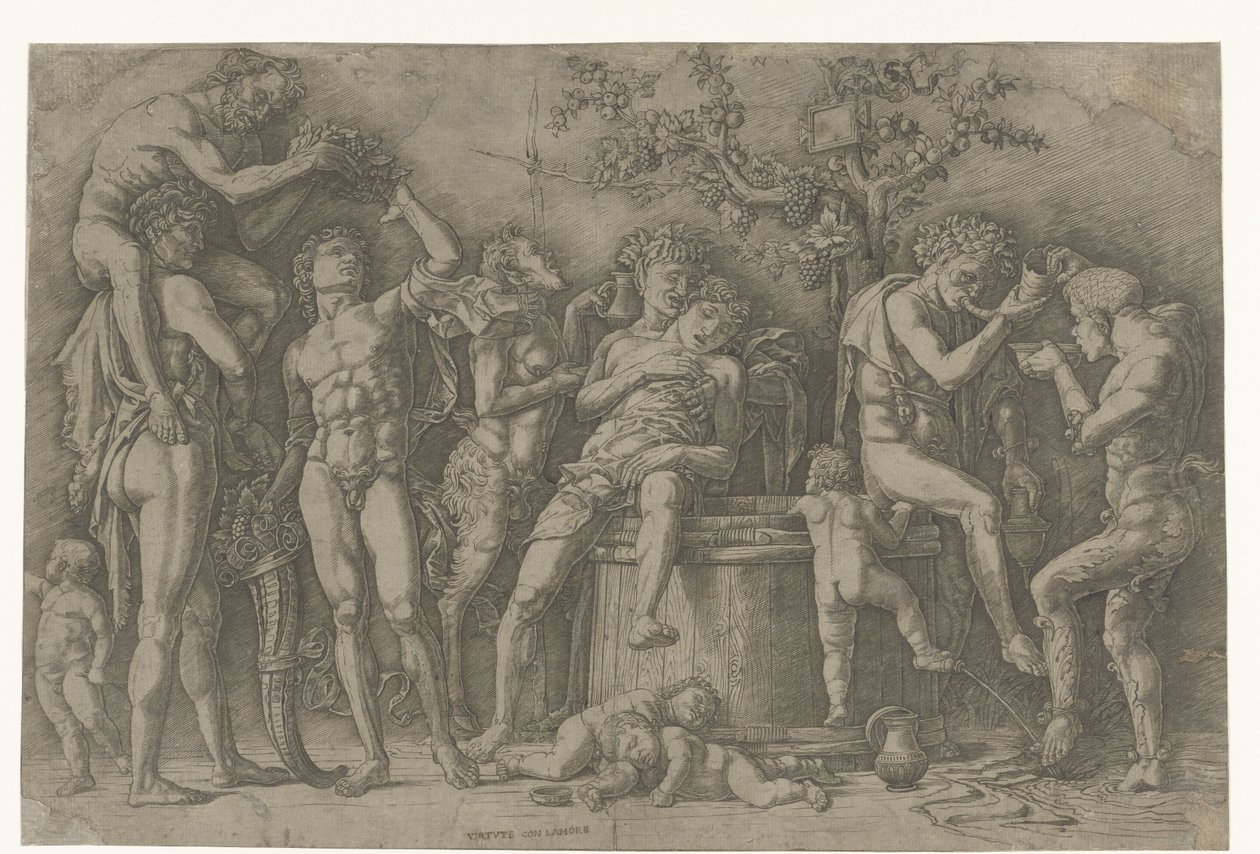 Bacchanal szatírokkal és bacchante-okkal a borprésben alkotó: Andrea Mantegna