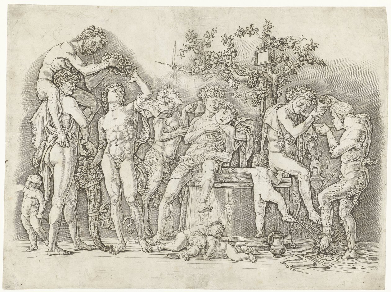 Bacchanal szatírokkal és bacchante-okkal a borprésben alkotó: Andrea Mantegna