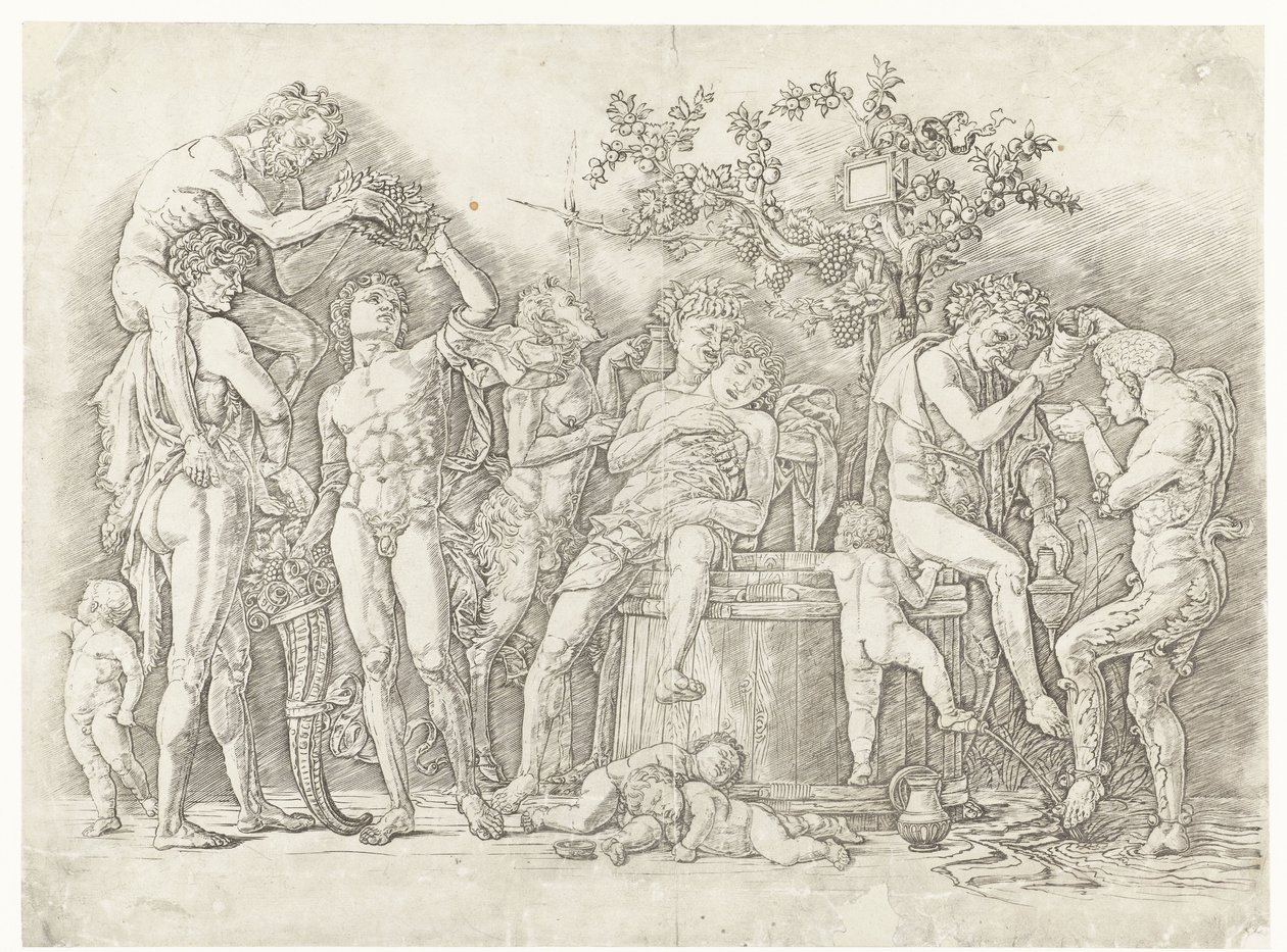 Bacchanal szatírokkal és bacchante-okkal a borprésben alkotó: Andrea Mantegna