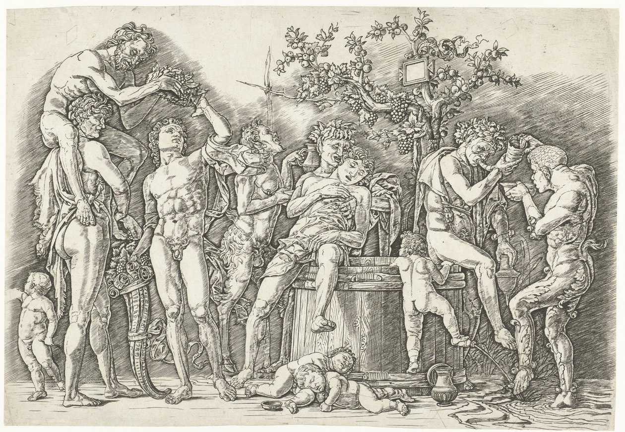 Bacchanal szatírokkal és bacchante-okkal a borprésben alkotó: Andrea Mantegna