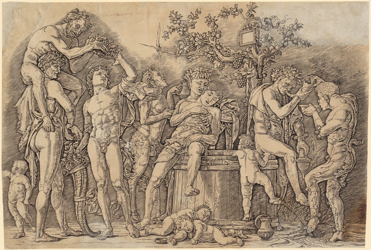 Bacchanal mit einem Weinfass alkotó: Andrea Mantegna