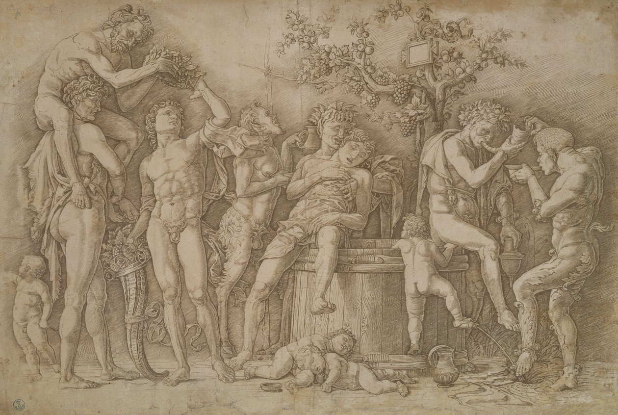 Bacchanal a bor kádjával, 1470-90 alkotó: Andrea Mantegna