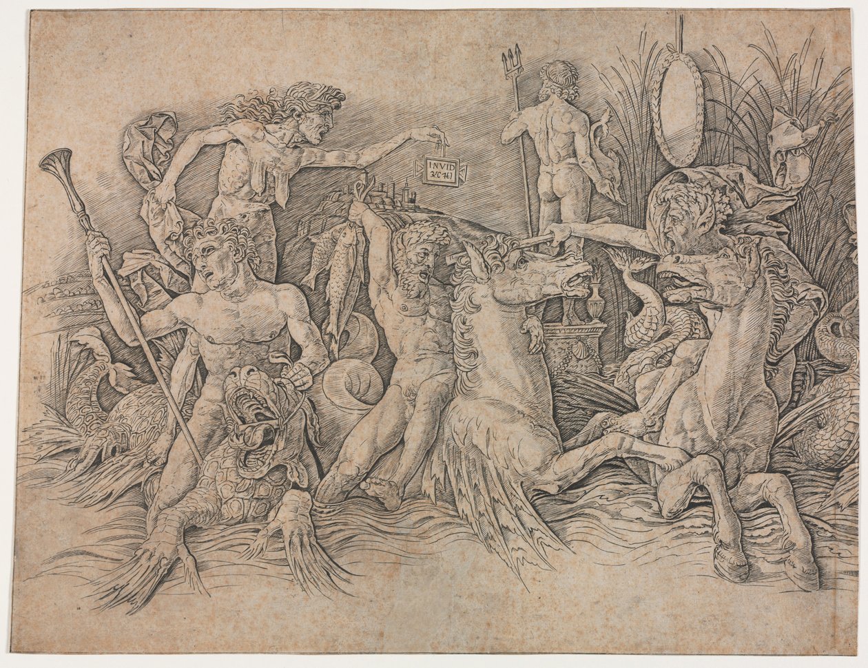 Battle of the Sea Gods – bal oldali rész. alkotó: Andrea Mantegna