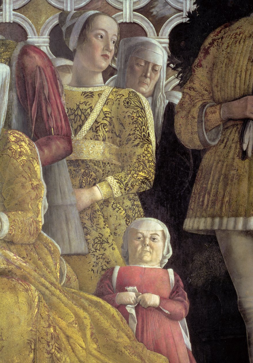 Törpe és más udvaroncok a mantovai Marchese Ludovico Gonzaga III családjának és udvarának csoportképéről, a Camera degli Sposi vagy a Camera Picta, 1465-74 freskórészlet a 78449-ből alkotó: Andrea Mantegna