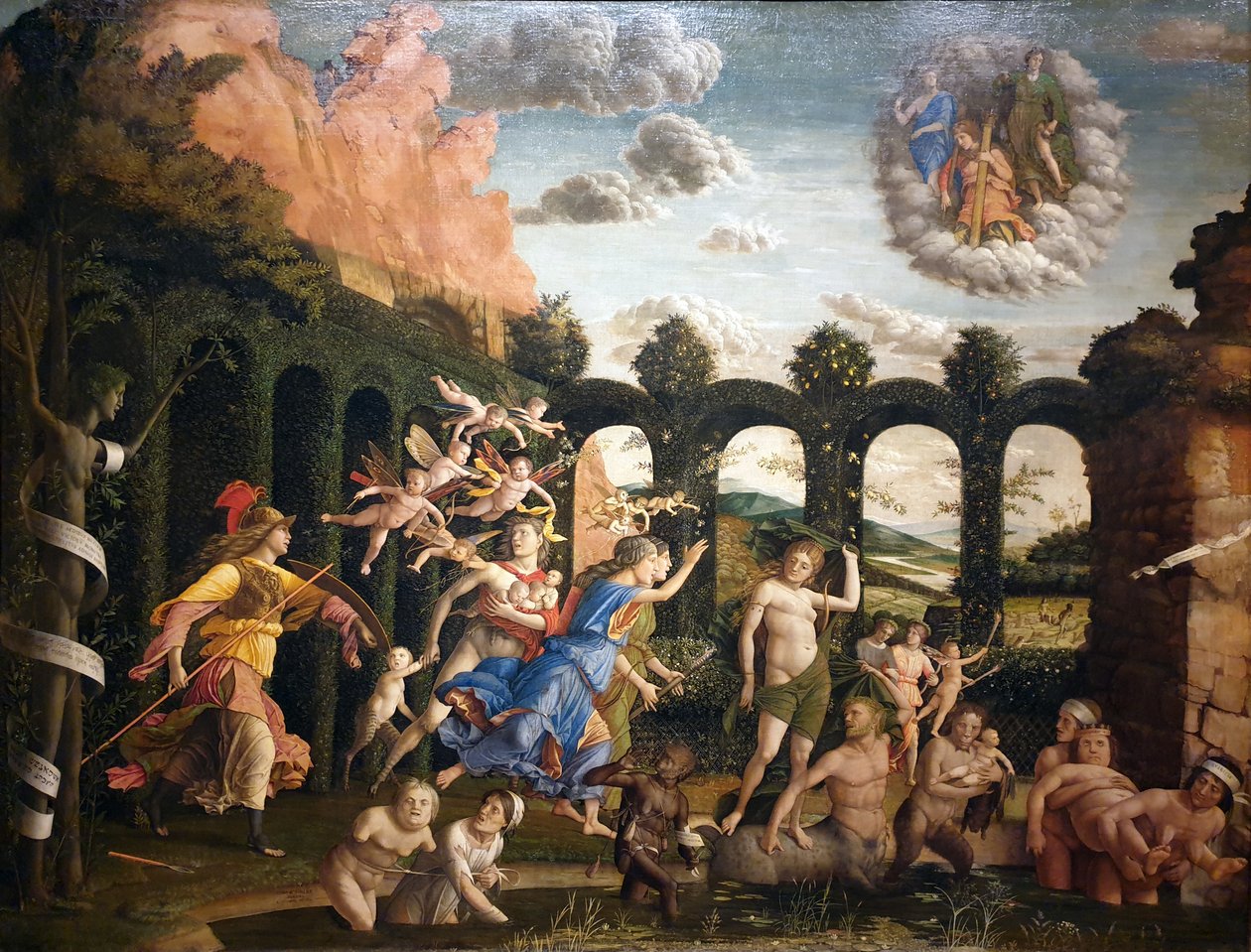 Németül: Der Sieg der Tugend Minerva kiűzi az erkölcsteleneket az erény kertjéből. alkotó: Andrea Mantegna