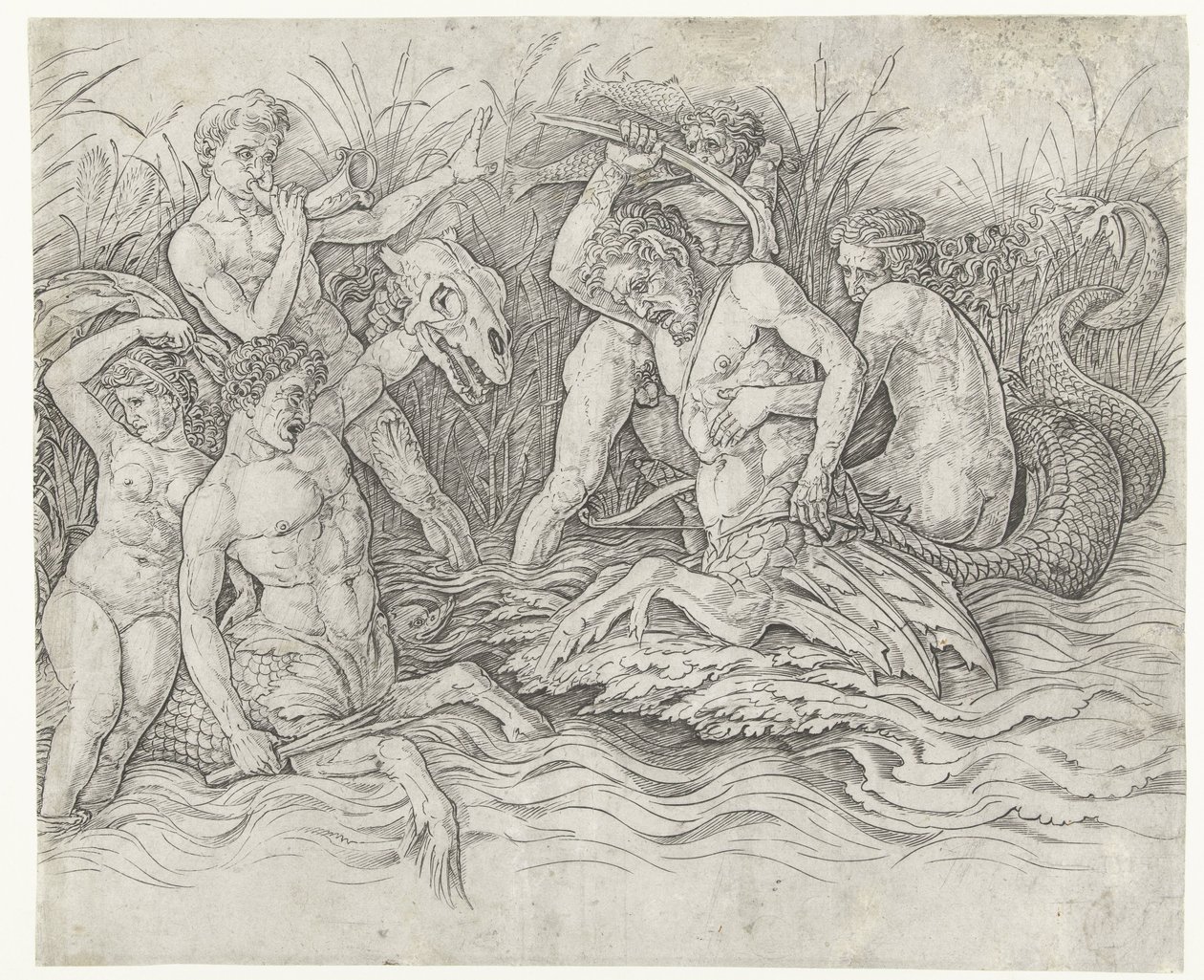 Harc a tritonok között nereidákkal a hátukon Tengeri istenek csatája alkotó: Andrea Mantegna
