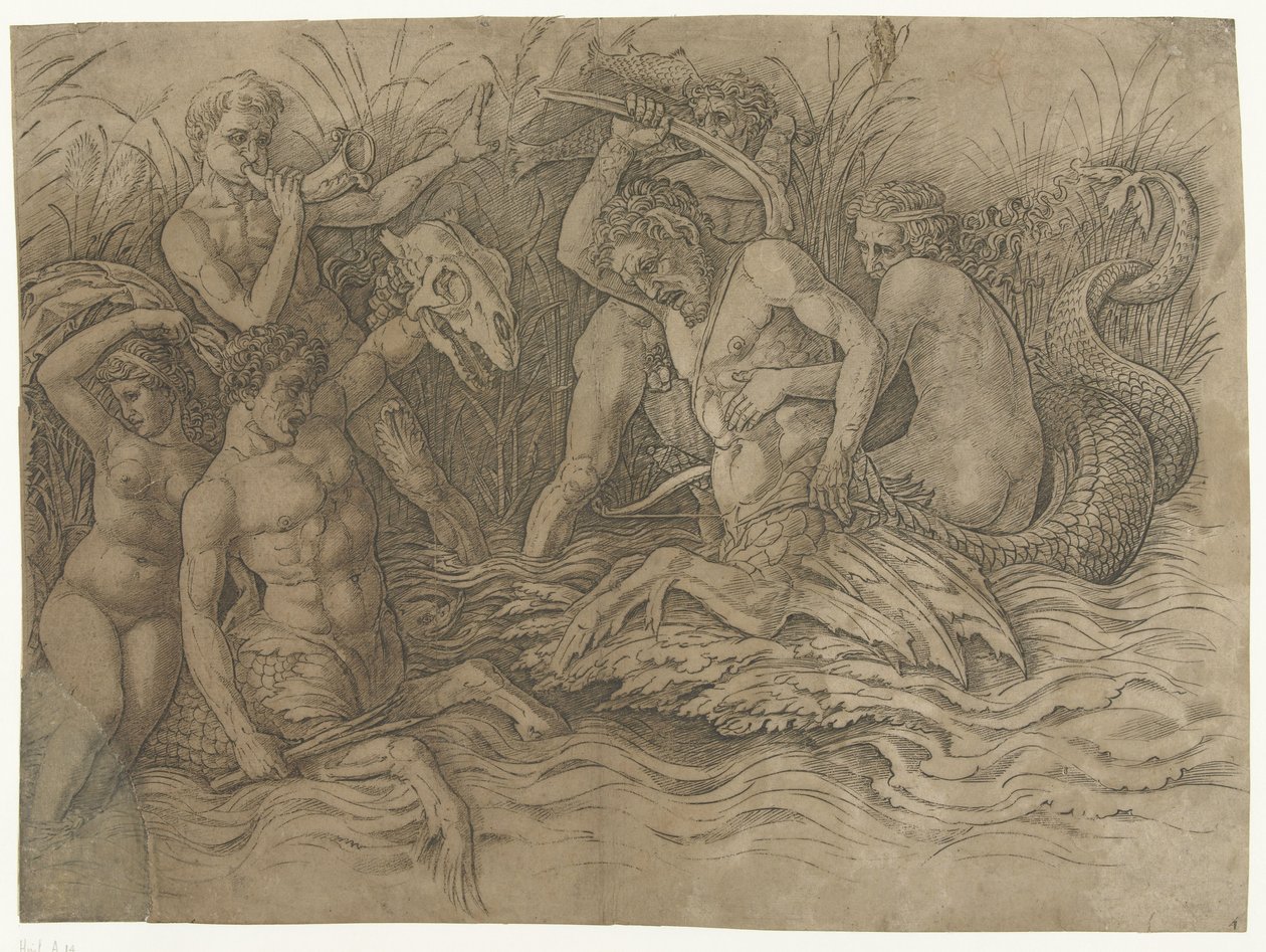 Harc a tritonok között nereidákkal a hátukon Tengeri istenek csatája alkotó: Andrea Mantegna