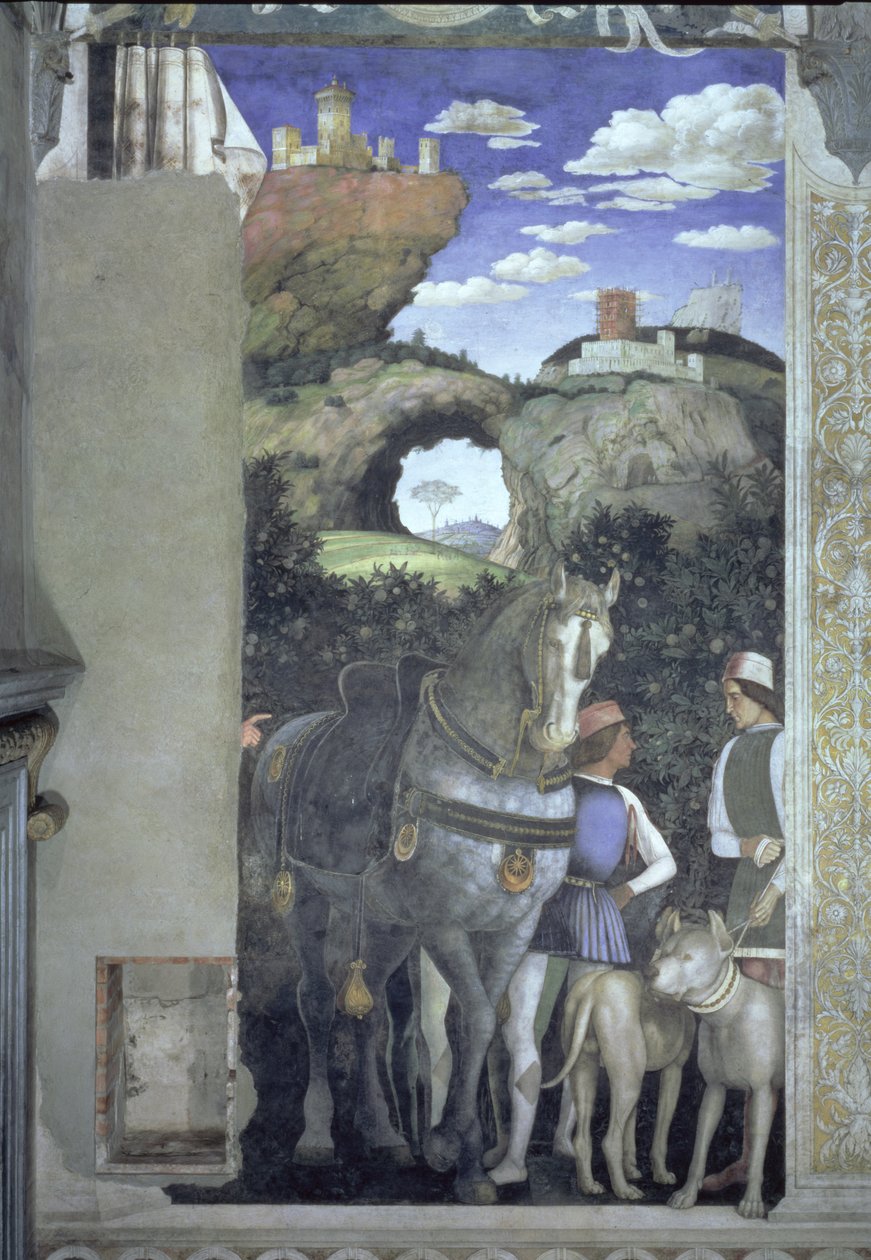 Ló és vőlegény vadászkutyákkal, Camera degli Sposi vagy Camera Picta, 1465-74 freskórészlet a 78449-ből alkotó: Andrea Mantegna