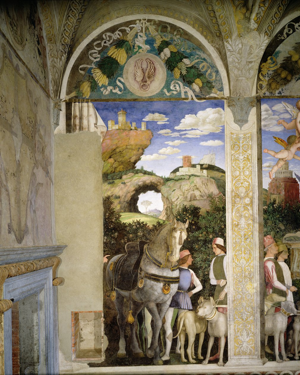 Ló és vőlegény vadászkutyákkal, Camera degli Sposi vagy Camera Picta, 1465-74 (78449 részlet) alkotó: Andrea Mantegna
