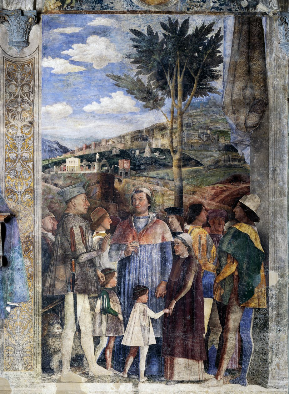 L. Gonzaga, fiai Francesco Gonzaga bíboros, Federico I Gonzaga, Francesco, Sigismondo, jobbra, III. Frigyes Szent-római császár, I. Dán Keresztény, Találkozó fal, részlet (freskó) alkotó: Andrea Mantegna