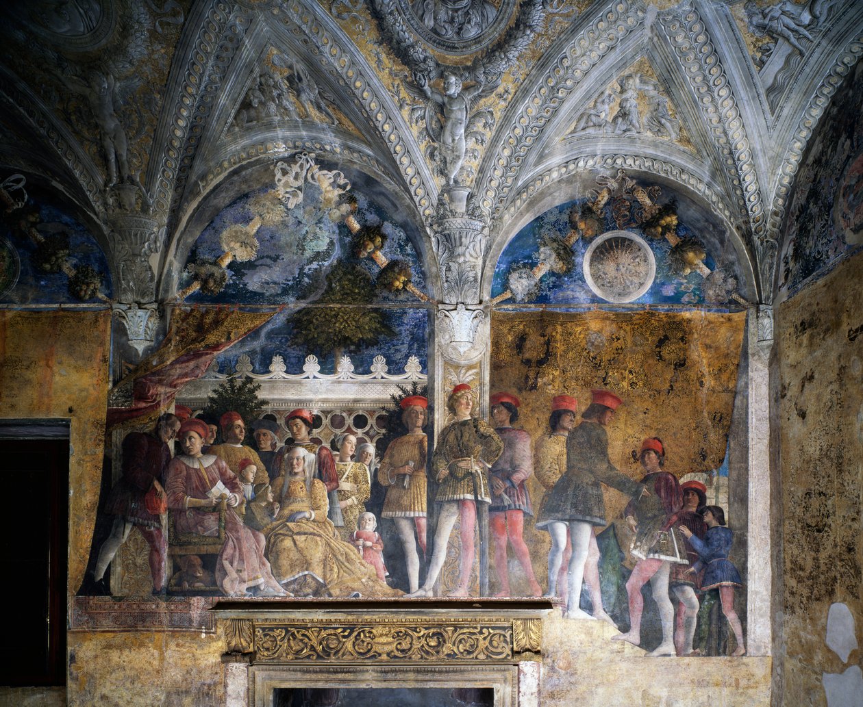 Ludovico Gonzaga, Marsilio Andreasi, Brandenburgi Barbara lányával, Paulával és Rodolfo Gonzagával alkotó: Andrea Mantegna