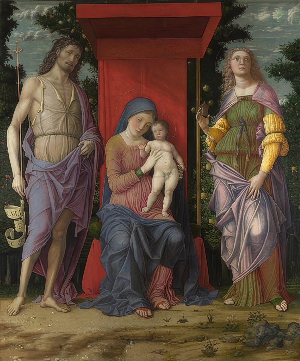 Madonna és gyermeke, Keresztelő János és Mária Magdolna. Valószínűleg 1490-1505 alkotó: Andrea Mantegna