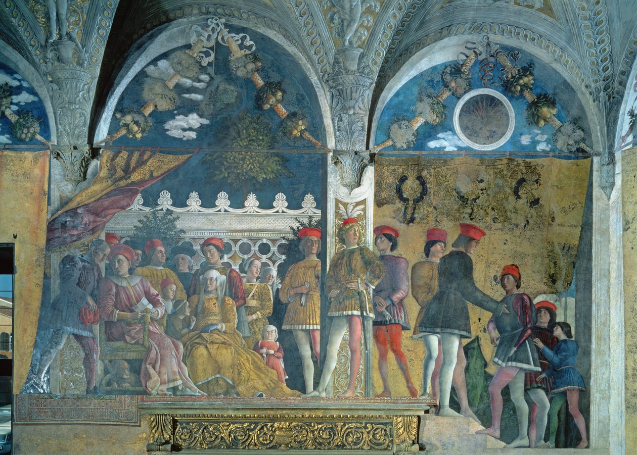 Ludovico Gonzaga III. márki, felesége, Brandenburgi Barbara, gyermekeik, udvaroncaik és kutyájuk, Rubino, a Camera degli Sposi vagy Camera Picta, 1465-74. alkotó: Andrea Mantegna