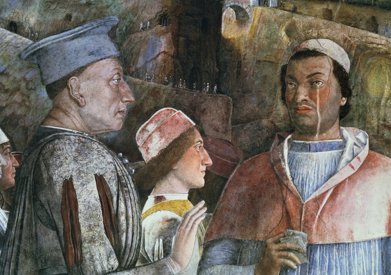 III. Ludovico Gonzaga mantovai márki uralkodott 1444-78 között fiát, Francesco Gonzaga bíborost köszöntve a Camera degli Sposi vagy Camera Picta, 1465-74 freskórészlete a 78449-ből. alkotó: Andrea Mantegna