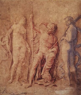 Mars, Diana és Iris (?) 1446-1506 (toll és barna tinta, barna, piros és kék mosással, fehérrel kiemelve, papíron elszíneződött barna) alkotó: Andrea Mantegna