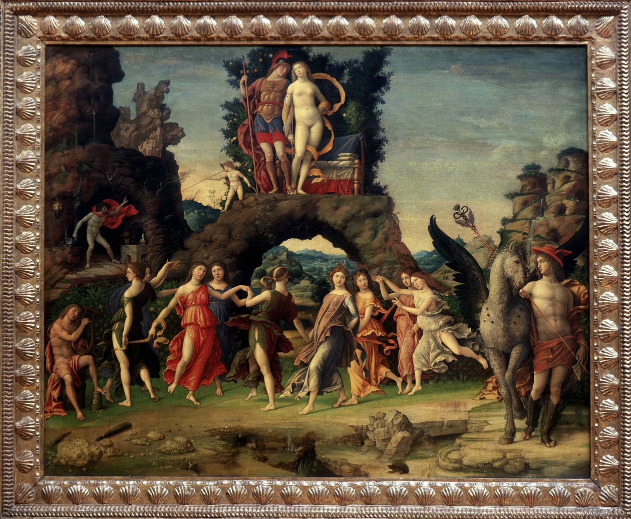 Mars és Vénusz vagy A Parnasszus. Mars és Vénusz a sziklán, Pegase és Merkúr, Apollón és a kilenc múzsa: Calliope (epikus költészet), Clio (történelem), Erato (lírai művészet), Euterpe (zene), Melpomene (tragédia), Polymnie (retorika) festmény. Terpsichore alkotó: Andrea Mantegna