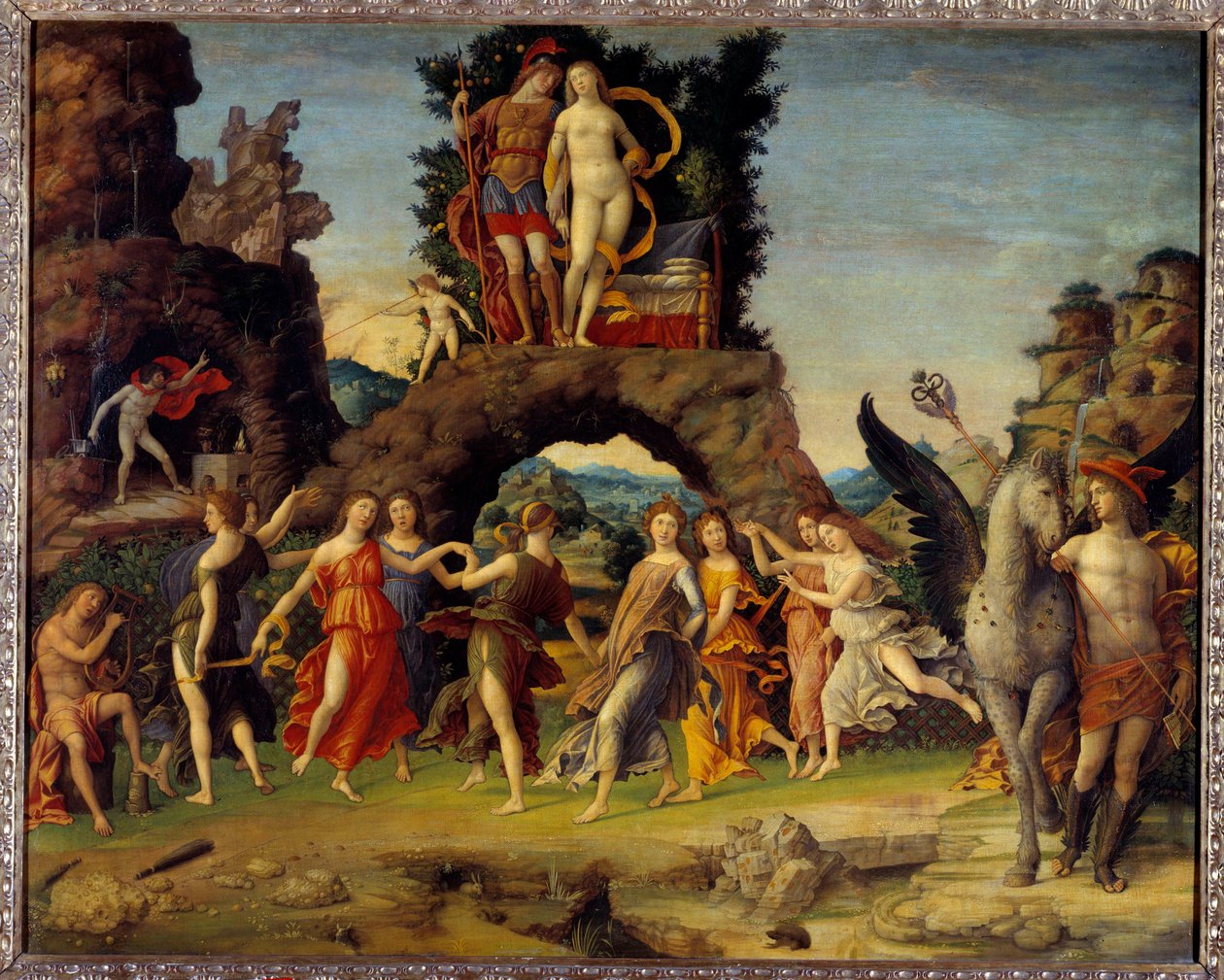 Mars és Vénusz vagy A Parnasszus. Mars és Vénusz a sziklán, Pegase és Merkúr, Apollón és a kilenc múzsa: Calliope (epikus költészet), Clio (történelem), Erato (lírai művészet), Euterpe (zene), Melpomene (tragédia), Polymnie (retorika) festmény. Terpsichore alkotó: Andrea Mantegna