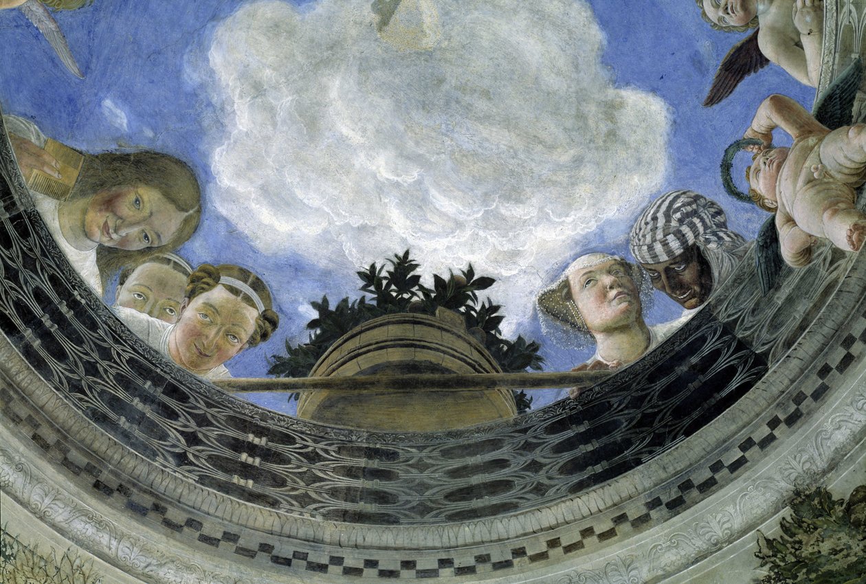 Occulus a Házastársak Háza mennyezetéről, Mantovai hercegi palota, Olaszország (Camera degli Sposi, Palazzo Ducale, Mantova): allegorikus alakok és putti részlete. Andrea Mantegna (1431-1506) freskója alkotó: Andrea Mantegna