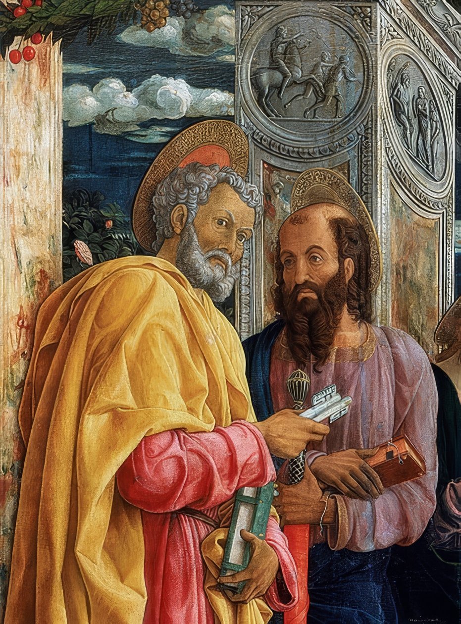 San Zeno oltár. Részlet a bal oldalról. 1457-1460. A képen a tarzusi Simon Péter és Pál látható alkotó: Andrea Mantegna