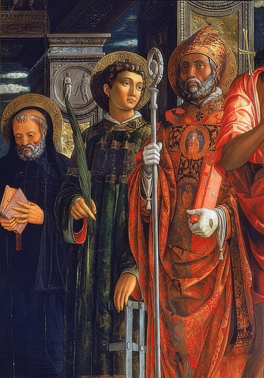San Zeno oltár. Részlet a jobb oldalról. 1457-1460. A részlet Hippói Ágoston, Római Lőrinc és Nursiai Benedek látható alkotó: Andrea Mantegna