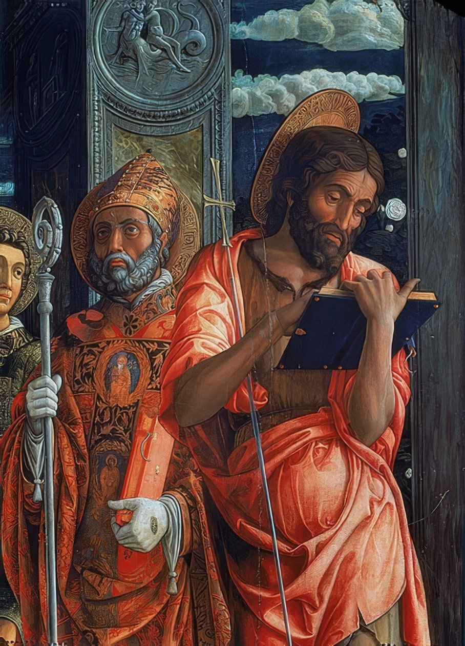 San Zeno oltár. Részlet a jobb oldalról. 1457-1460. A részlet Keresztelő Jánost és Hippói Ágostont mutatja be alkotó: Andrea Mantegna