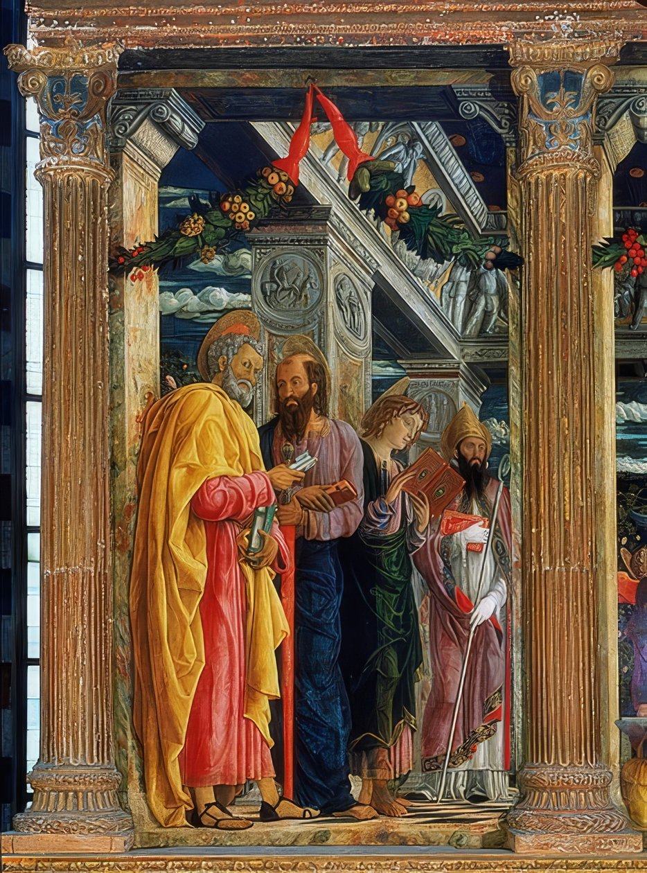 San Zeno oltár. Bal oldal. 1457-1460. A képen Simon Petrus, Tarzusi Paulus, János evangélista és veronai Zénon látható alkotó: Andrea Mantegna