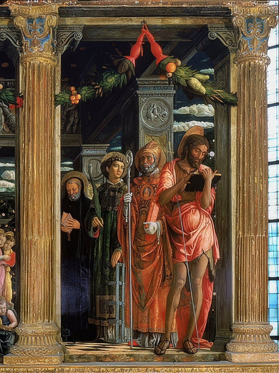 San Zeno oltár. Jobb oldal. 1457-1460. A részleten Keresztelő János, Római Lőrinc, Hippói Ágoston és Nursiai Benedek látható. alkotó: Andrea Mantegna