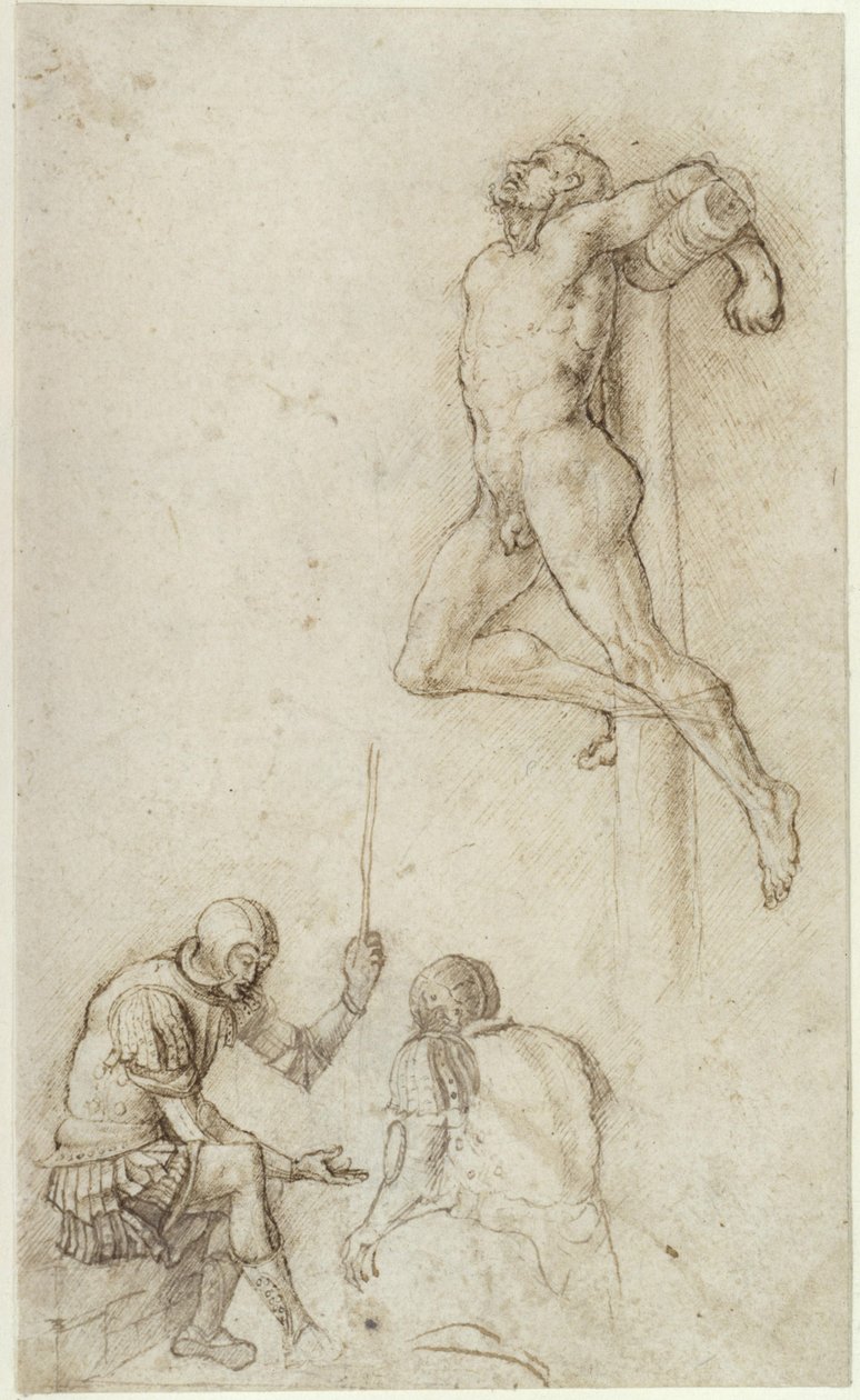 Latorok a kereszten, alattuk két katona kockázik alkotó: Andrea Mantegna