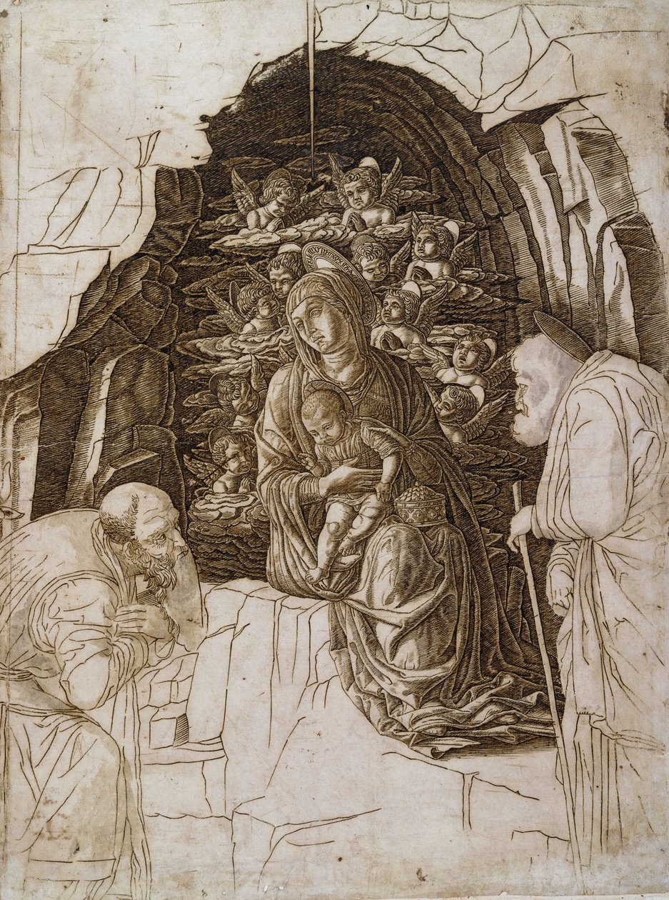 A mágusok imádása: Szűz a barlangban, 1475-80 körül alkotó: Andrea Mantegna